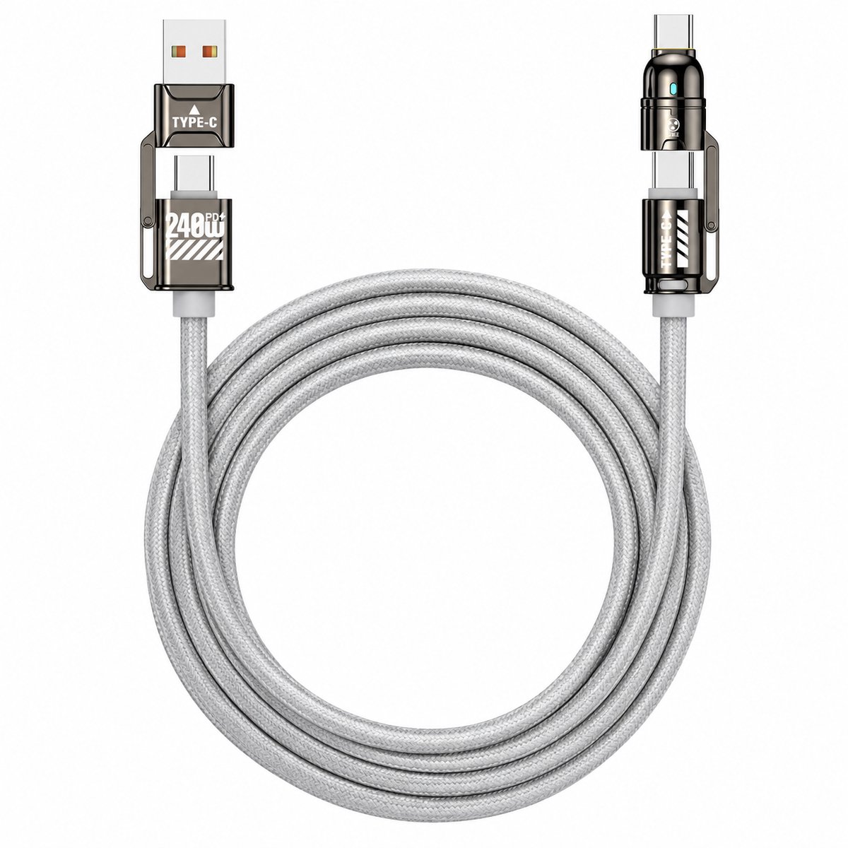 Vyzio - Multi Oplaadkabel 240W - USB-C naar USB-C & USB-A Snellaadkabel - 2 Meter - Siliconen Anti-Klit - Grijs - Geschikt voor Laptop, Tablet & Smartphone - SUPERCORD