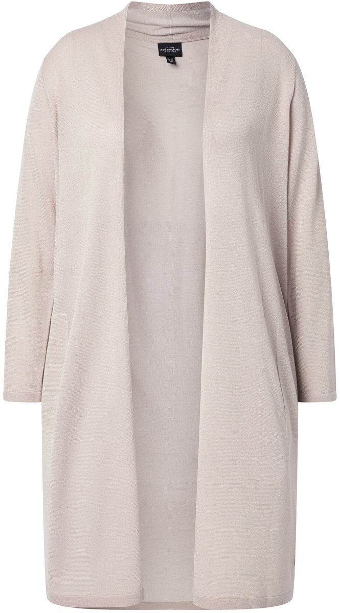 Ulla Popken - Dames - Lang vest open model V-hals opstaande kraag - Grijsbeige - Maat 46+