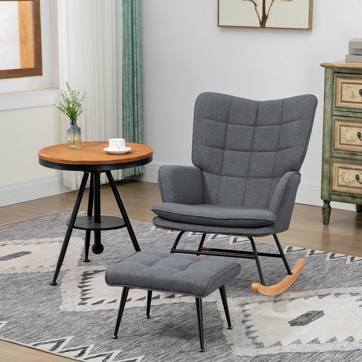 MODENUIT Schommelstoel - Fauteuil Met Hocker - 64 x 89 x 90 cm - Voor Woonkamer - Polyester - Grijs