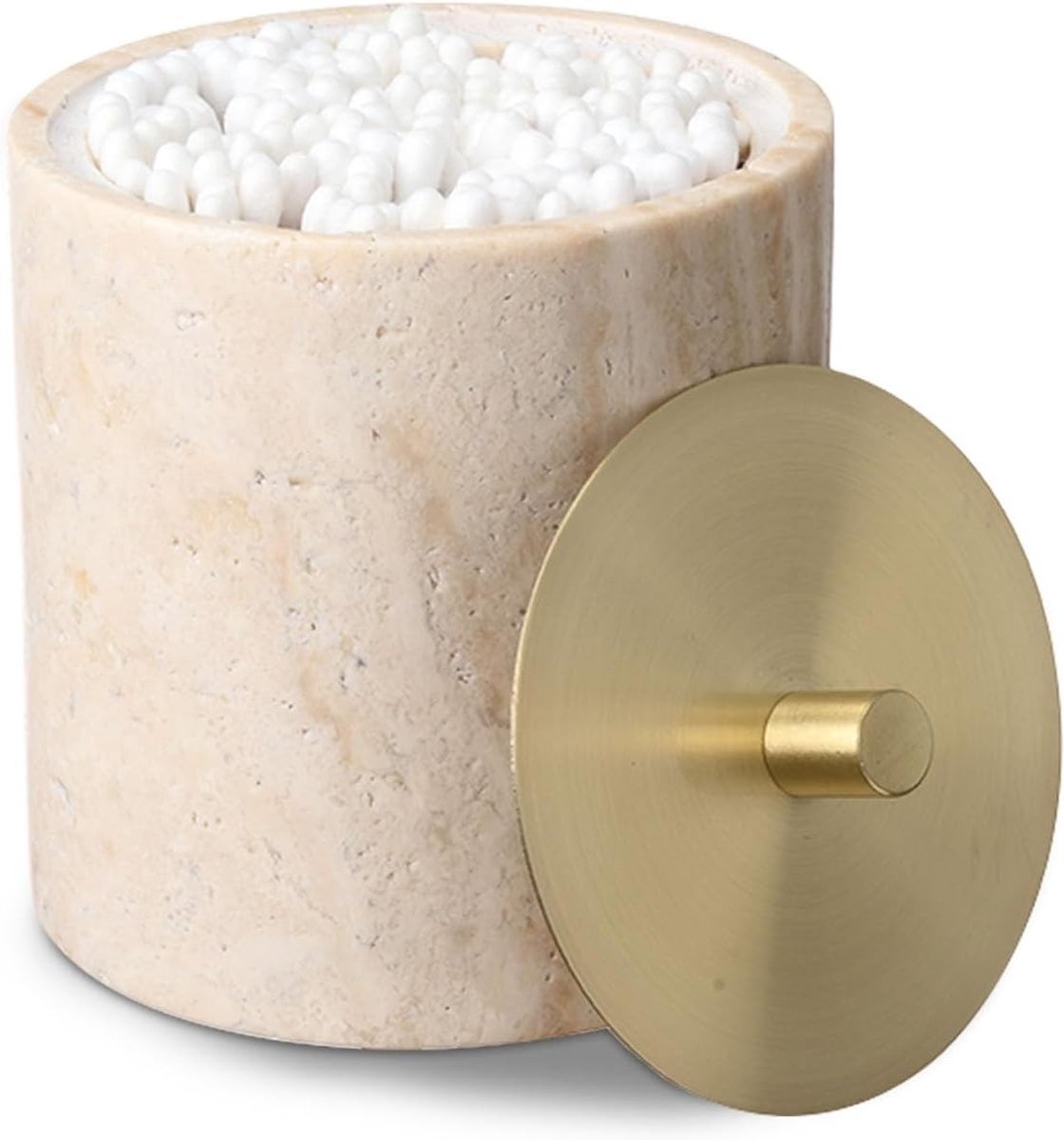 Ronde Travertine Opbergdoos voor Wattenstaafjes met Messing Deksel - Makeup Sponsen en Badzout Organizer voor Badkamer en Slaapkamer Decoratie
