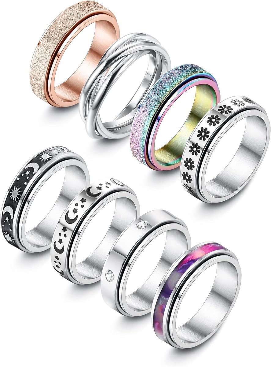 8 Delige Set Spinnerringen Tegen Stress – Roestvrijstalen Fidgetringen voor Dames en Heren – Antistress Ringen voor Ontspanning en Focus