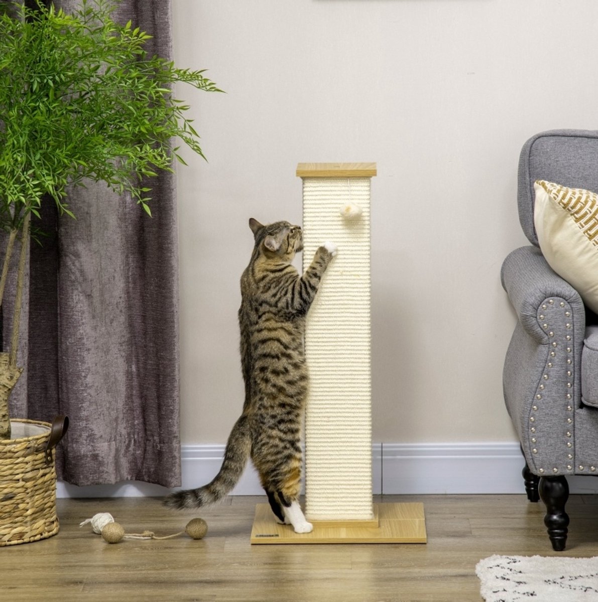 COVREO Krabpaal 38 x 38 x 80 cm beige, pluche en sisal met speeltje