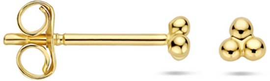 Gouden oorknop met een staafje en twee oorbellen. Elke oorbel bestaat uit drie kleine gouden bolletjes.