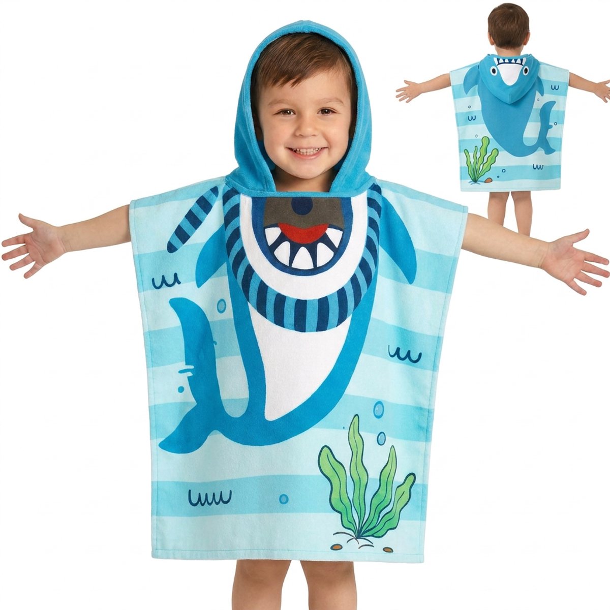Kinder Badponcho Haai met Capuchon – Strandponcho Kind – Handdoek Poncho Kinderen – Zwemponcho Jongen Meisje – Badcape Kinderponcho Zwembad Strand – 3 tot 9 Jaar