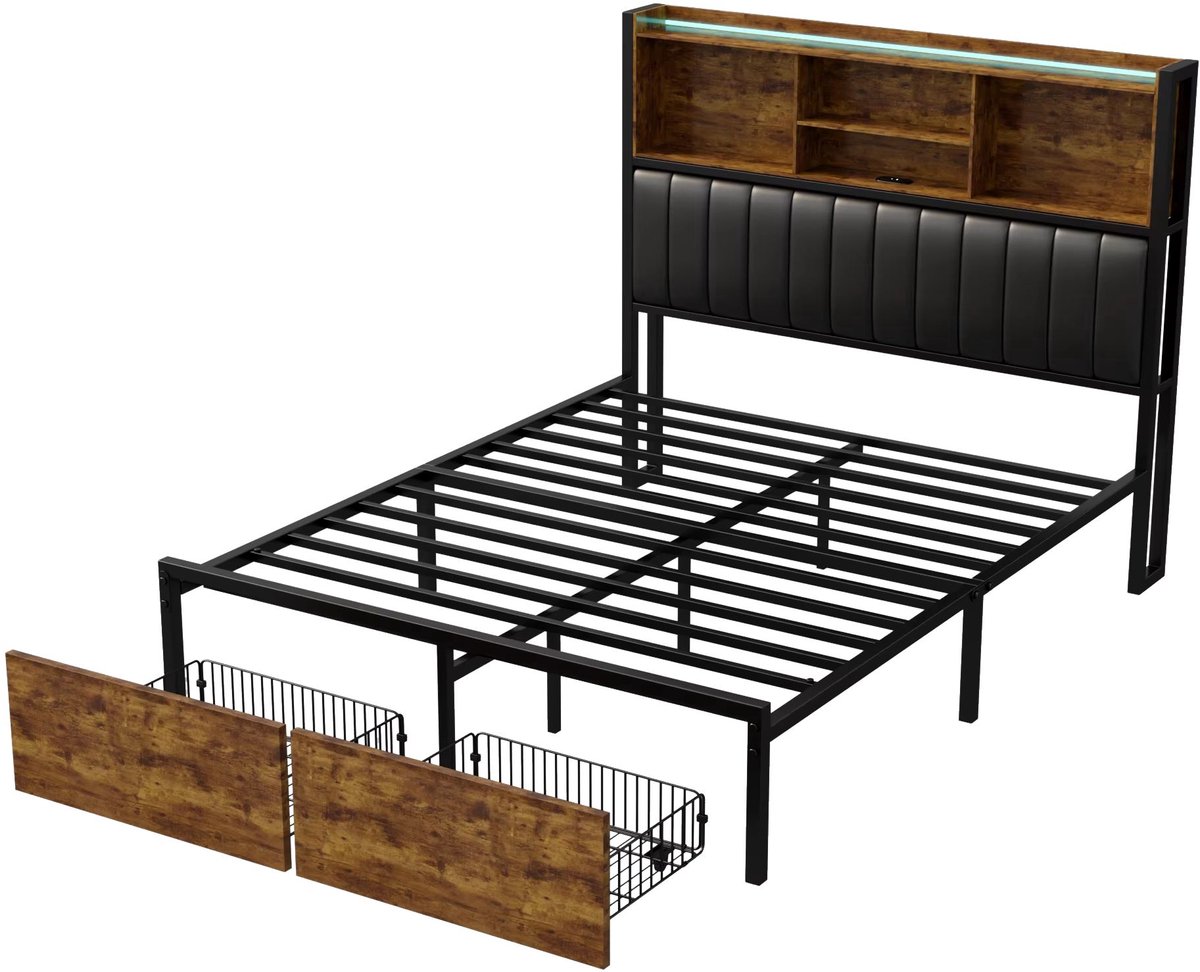 Happiq Gestoffeerd Tweepersoonsbed 160x200 cm Zwart – Bedframe met LED Verlichting en USB en Lades Rustiek bruin