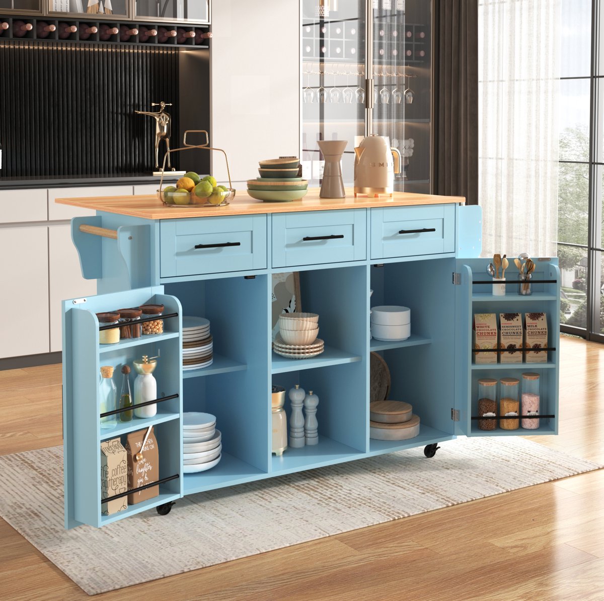COVREO Dressoir 139x71x91,5 cm blauw, MDF met houtlook blad en wielen