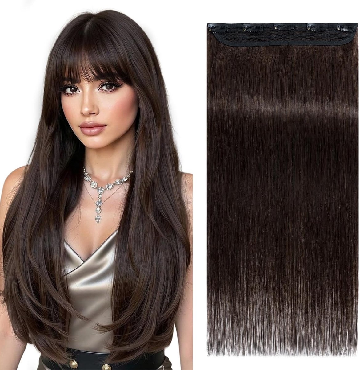 Clip-In Echte Haarextensions Donkerbruin, 1 Stuk met 5 Clips, 40 cm, 45 g, Natuurlijk Haar, Haarverlenging, Kapselaccessoires