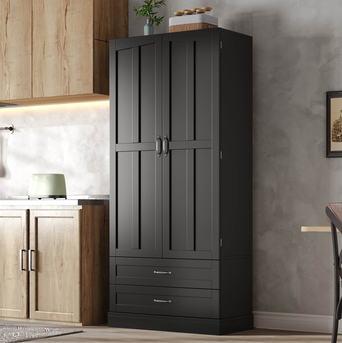 COVREO Keukenkast 80x37,5x180 cm zwart, MDF met 2 lades en 3 uittrekplanken