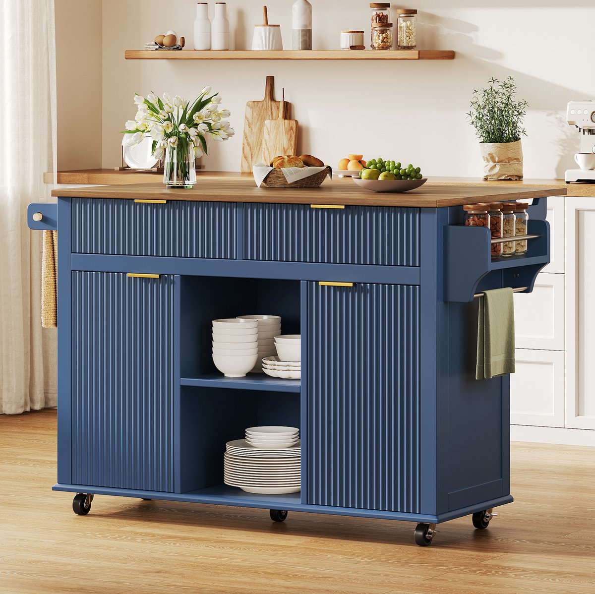COVREO Keukenkast 143x45x89,5 cm blauw-bruin, 2 lades en inklapbaar blad