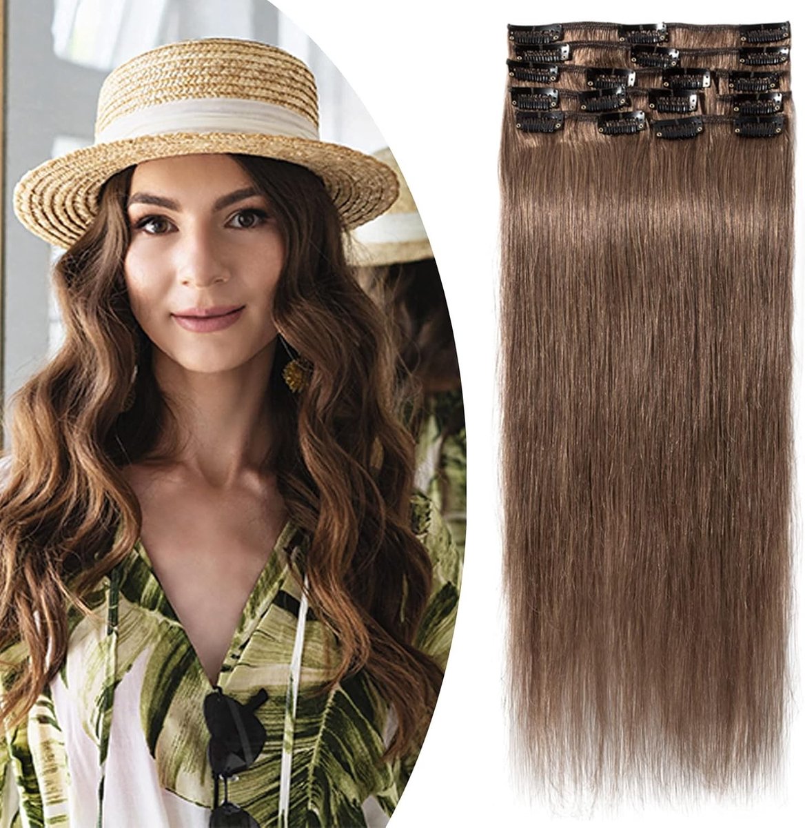 Clip-In Echthaar Extensions, 8 Stuks, 100% Menselijk Haar, Zacht en Stevig, 56 cm (75 g), Lichtbruin #6, Volumineuze Haarverlenging