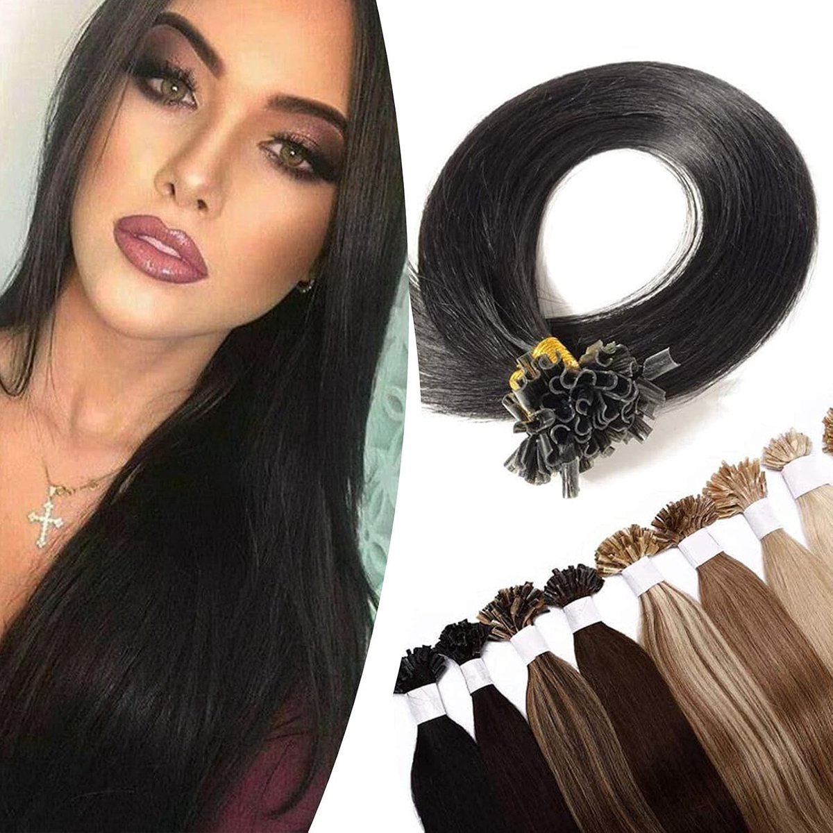 Extensions van Menselijk Haar met Keratine U-Tip, 200 Strengen Zwart #1, 16 inch (40 cm), 100g Kwaliteit