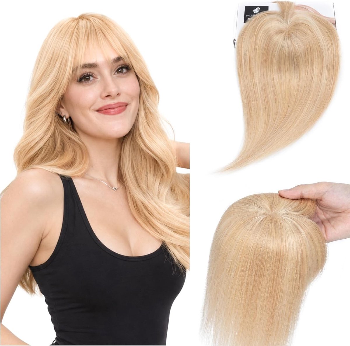 Natuurlijke Haarextensions met Pony voor Vrouwen, 360° 3D Bedekking, Remy Menselijk Haar Topper van 35 cm in Hazelnut Bruin en Platinum Blond
