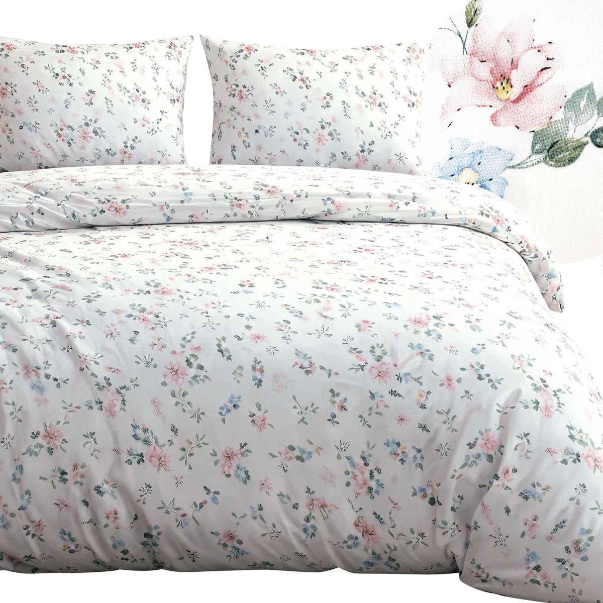 Darymex Satynlove Dekbedovertrek 220x200 cm - Wit - Subtiele Pastelbloemen & Botanisch Motief - 100% Katoen-Satijn (120 g/m²) - Lits-Jumeaux - Met Ritssluiting - OEKO-TEX® - Met 2 Kussenslopen 70x80 cm