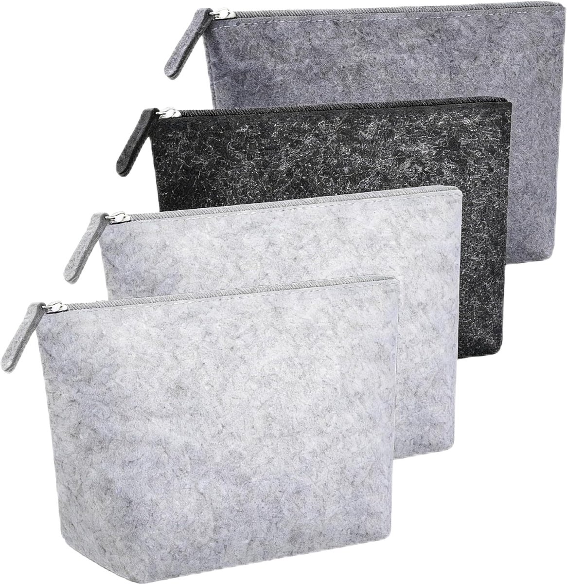 SnelShoppen - Filztasje Set van 4 Vilt Make-up Tassen 20 x 16 cm in 3 Kleuren met Rits - Aanpasbaar voor Bedrukking - Multifunctionele Toilettas voor