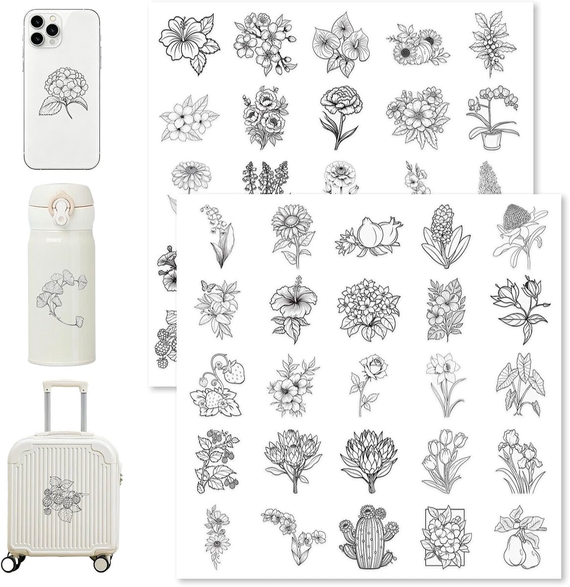 SnelShoppen - 50 Zelfklevende Plantaardige Stickers - Zwart op Transparant - Waterdicht PVC voor Dagboek, Meubels, Decoratie, Bruiloft en Moederdag