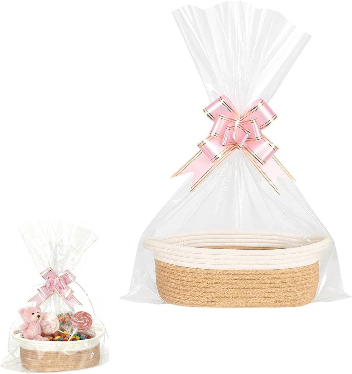 SnelShoppen - Gevlochten mand voor geschenken - Lege cadeau mand met cadeauzakjes en linten - Katoenen touw - Bruiloft, Verjaardag, Thanksgiving, Kers