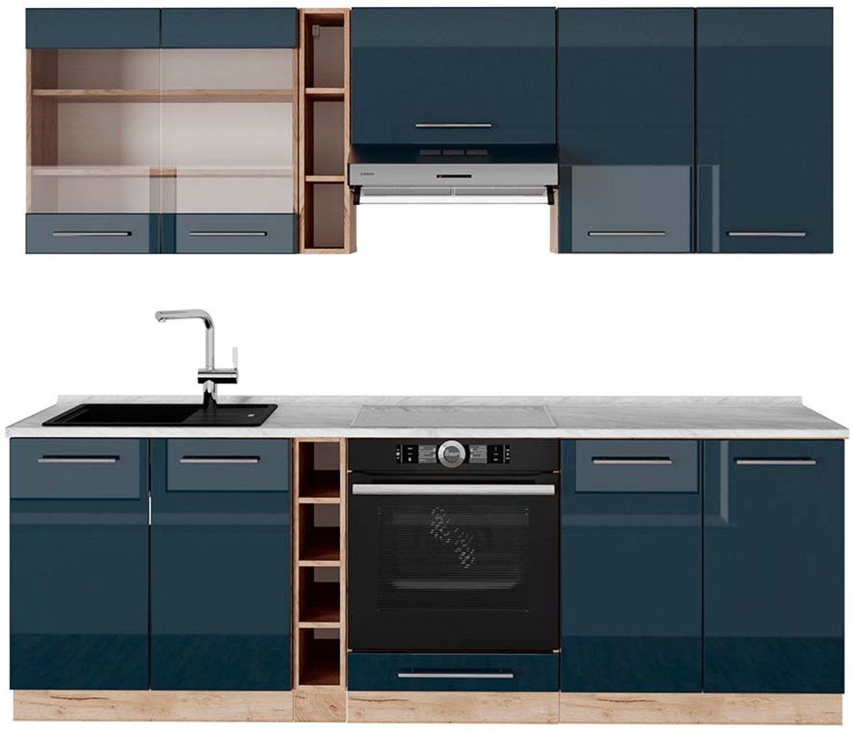 Vicco Fame-Line Complete keukeneenheid – 235 cm, WB Marmer Donkerblauw hoogglans/gouden eik