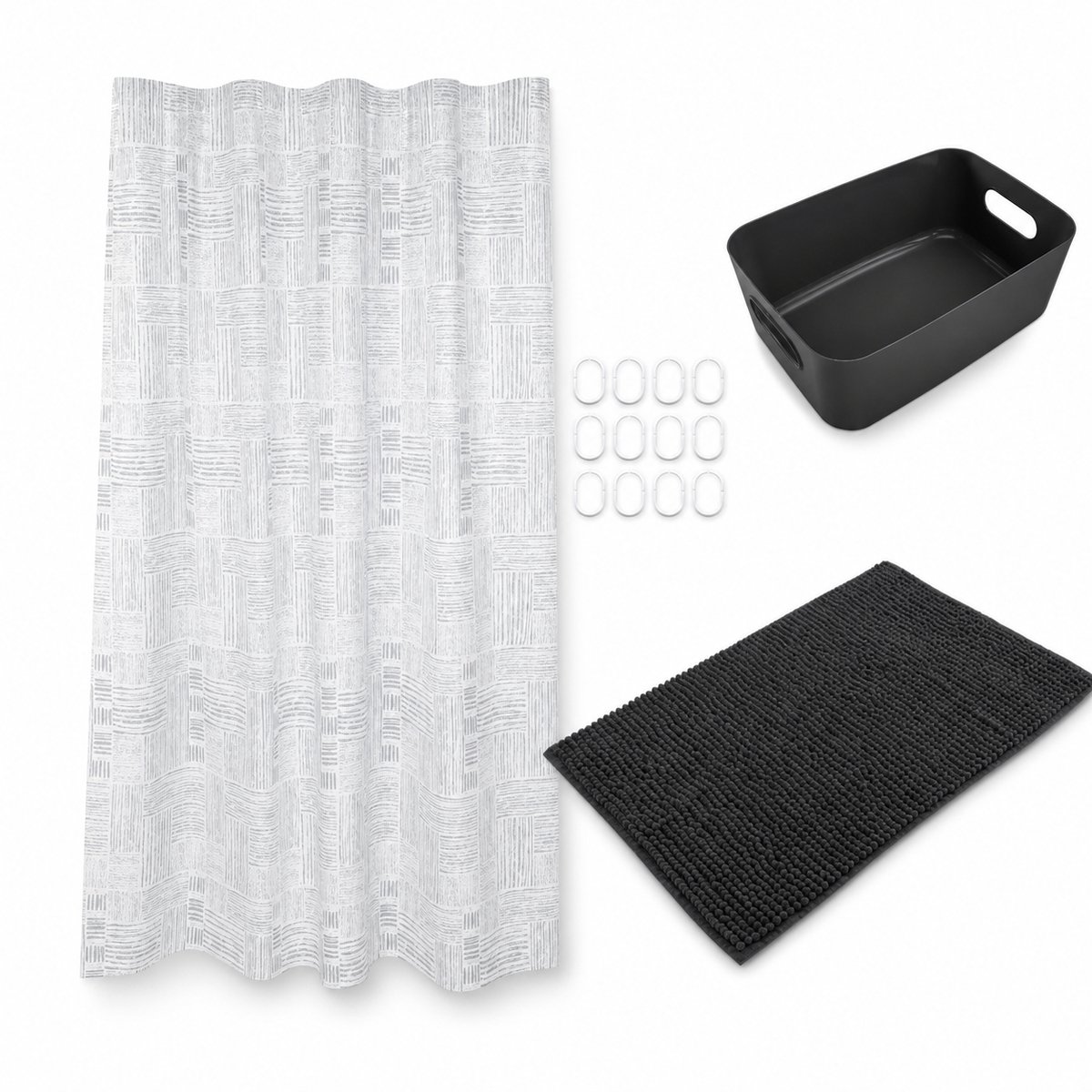 Badkamerset 4-delig - Douchegordijn 180x180 cm - Badmat 40x60 cm - Opbergmand - Zwart