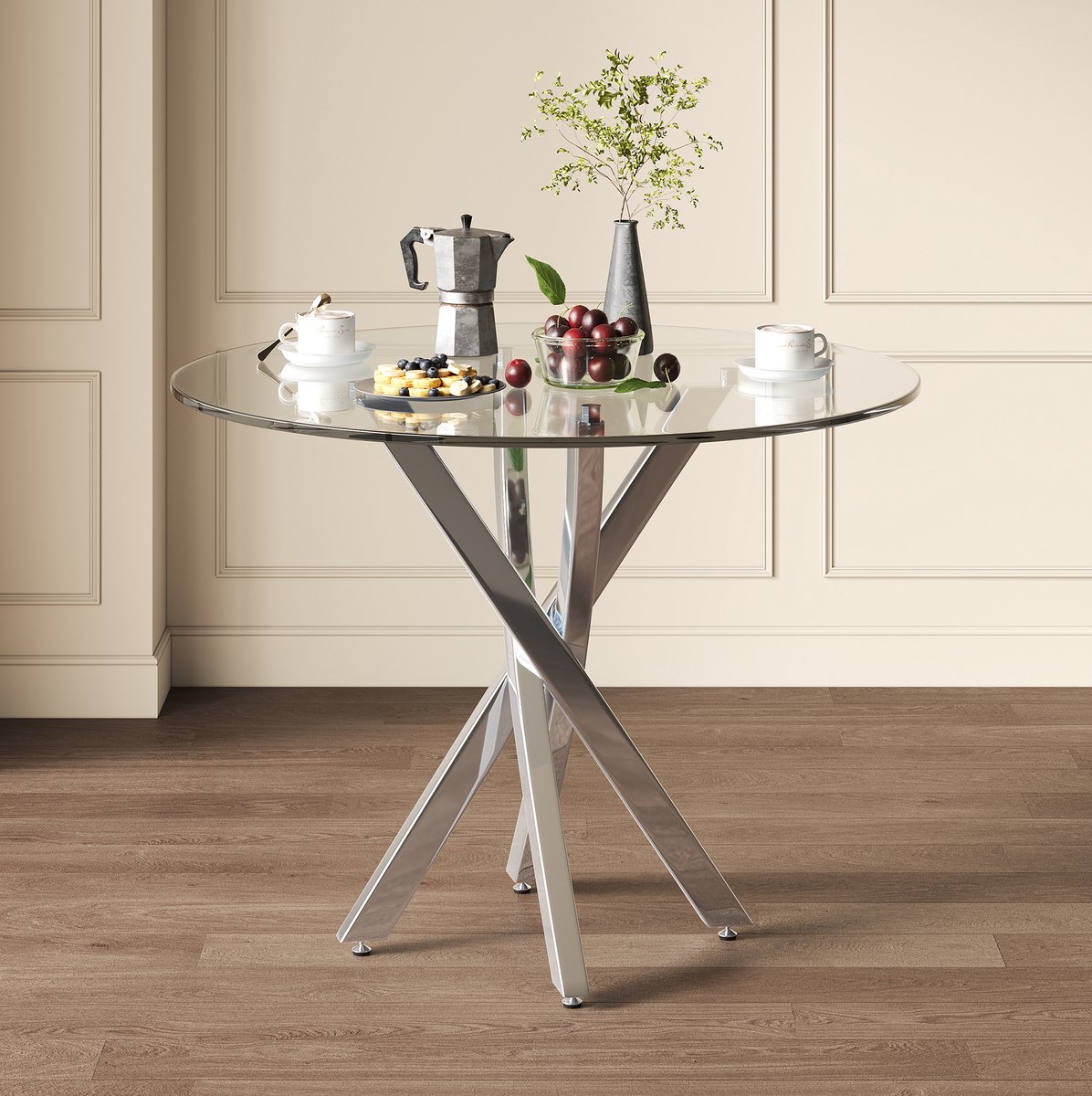 COVREO Eettafel 80x80x75 cm zilver, glazen blad voor 2 tot 4 personen