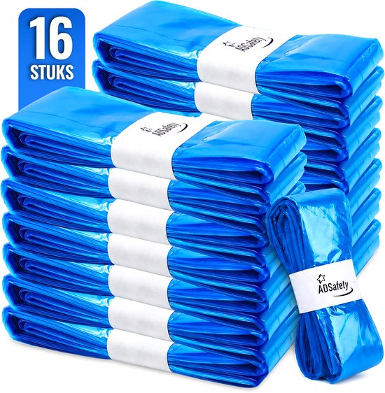 Stapel van 16 rollen felblauwe luieremmer navullingen, verpakt met witte bandjes.