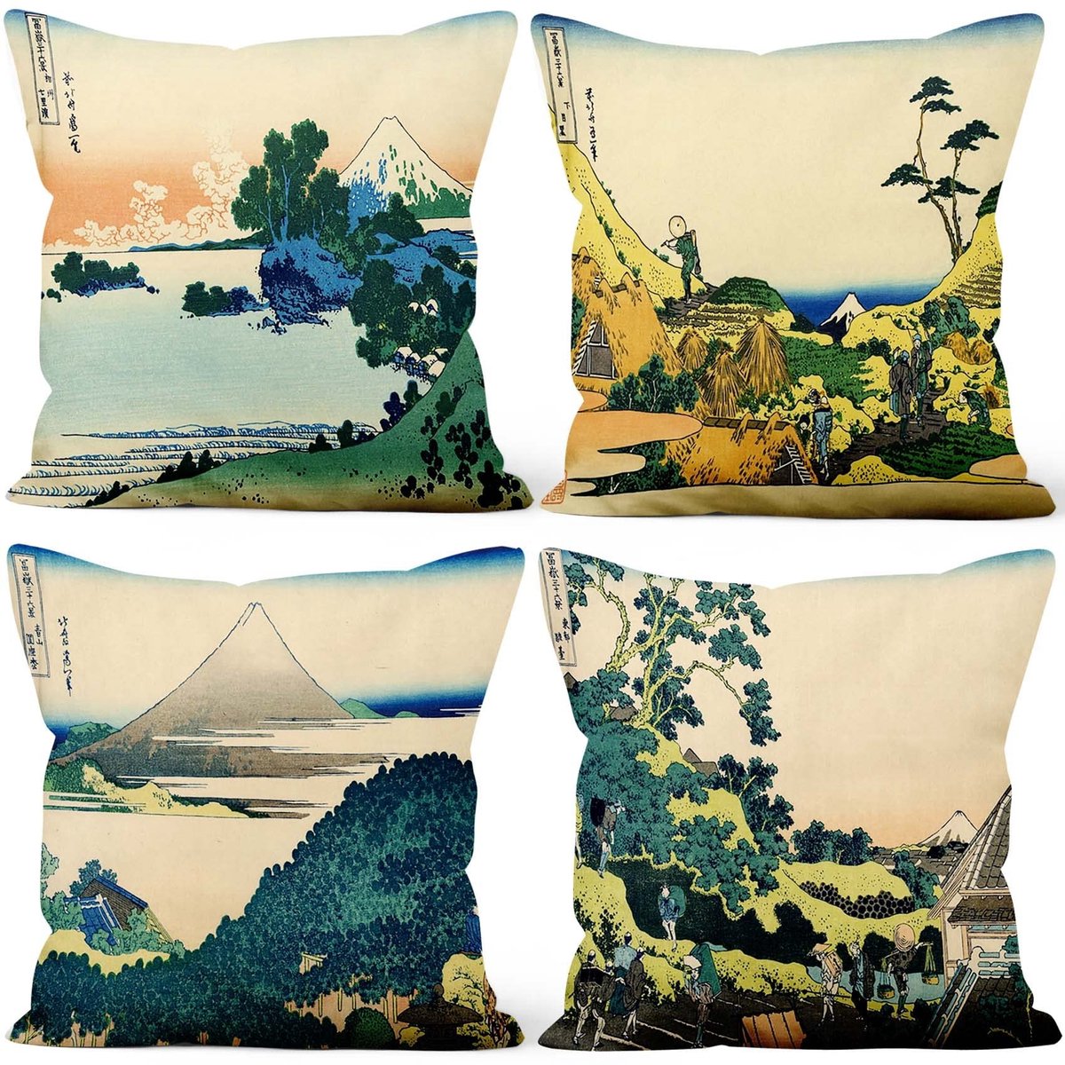 Omgoods - Set van 4 Japanse Kunst Kussenhoezen 45x45cm Fuji Berg