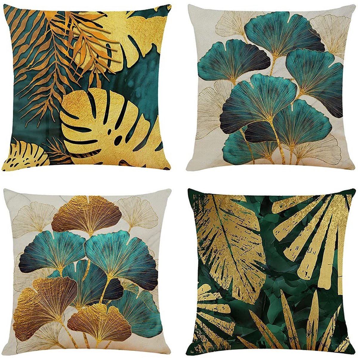 Omgoods - Set van 4 Decoratieve Kussenhoezen 50x50cm in Linnen Ginkgo