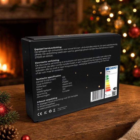 Verpakking van ijspegel kerstverlichting met 120 LED lampjes, warm wit licht, 4 meter.