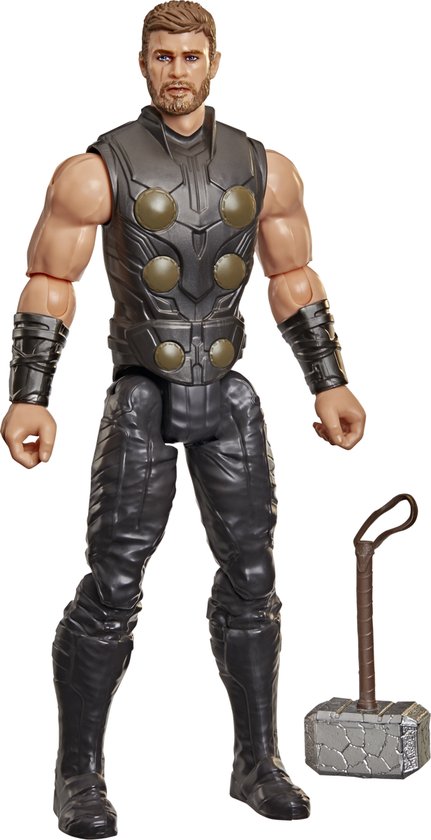 Thor actiefiguur in grijs pantser en broek, met Mjolnir