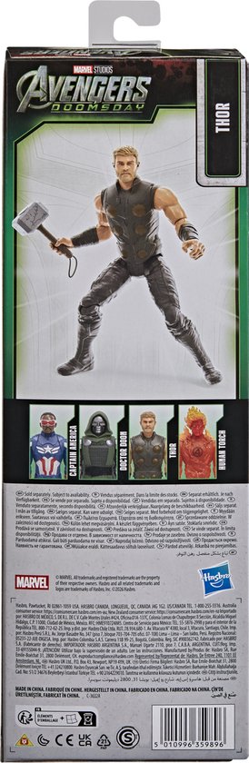 Thor actiefiguur in grijs pantser en broek, met Mjolnir, Captain America, Doctor Doom en Human Torch.