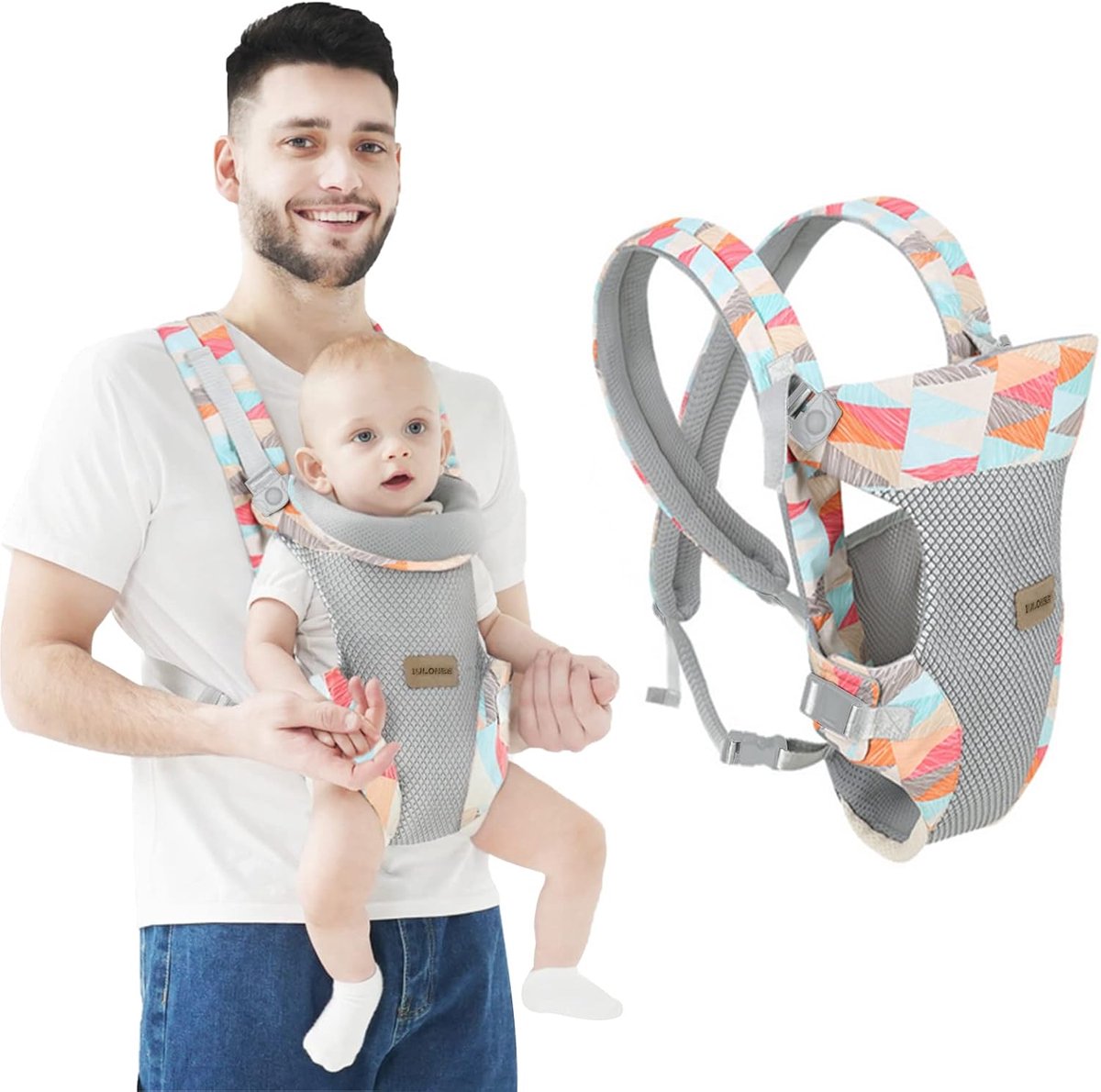 Draagzak met zak, 4-in-1 gemakkelijk te dragen ergonomische verstelbare ademende draagbanden, perfect voor pasgeborenen tot baby's tot 15 kg peuters - grijs