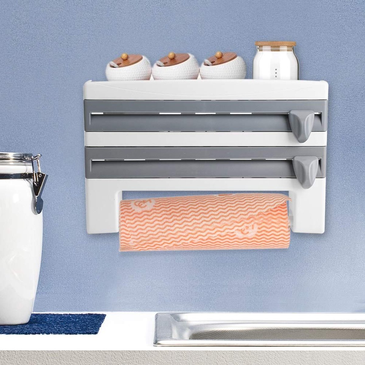 Omgoods- Keukenroldispenser met snijder - Rolhouder Keuken - Aluminiumfolie/Transparante Folie - Keukenhanddoek - 39 x 10 x 24 cm - Veilig en praktisch accessoire