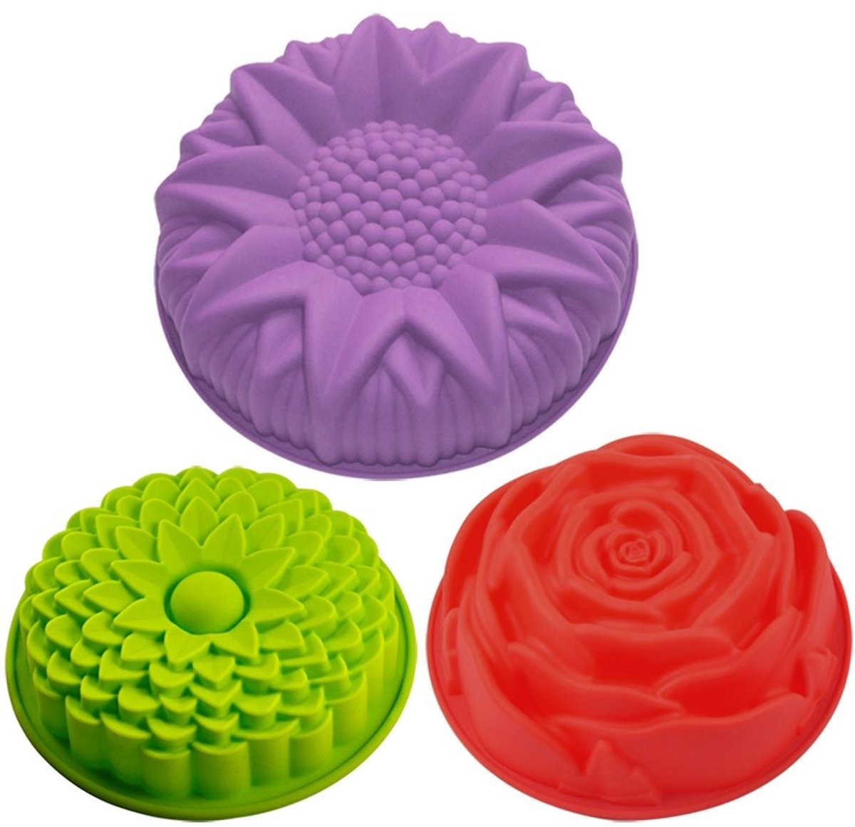 Omgoods- Siliconen Mal - 3 Mallen met Bloemenpatroon - Chrysantvorm 220x47mm - Rozenvorm 240x85mm - Ronde Zonnebloemvorm 220,2x47mm - Food Grade Siliconen - Bakvorm