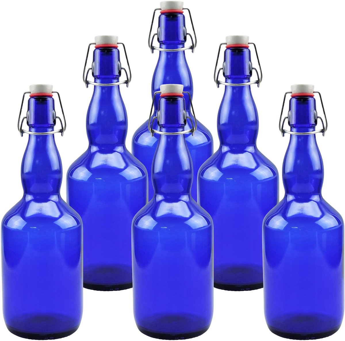 Omgoods - Set van 6 Decoratieve Blauwe Glasflessen met Porseleinen Sluiting