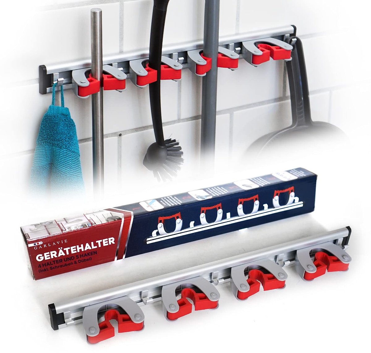 Omgoods- Mop Houder Wandgemonteerd - 4 Houders/5 Haken - Antislip Rubber - Tuingereedschaprek - Keuken/Bijkeuken Opbergoplossing - Geschikt voor Apparaten tot 3,1 cm - Opbergrek