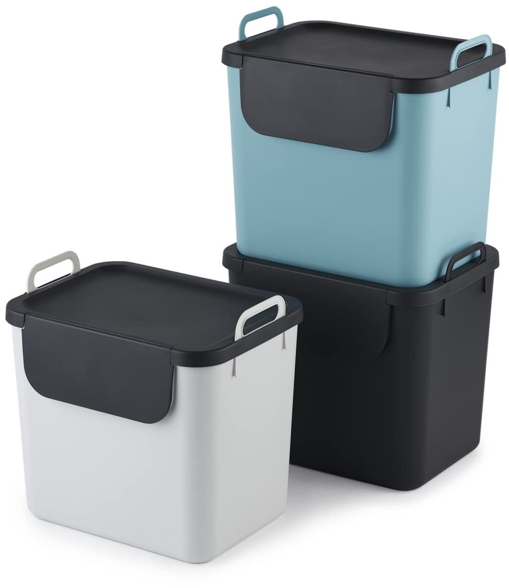 Omgoods - Set van 3 Stapelbare Afvalbakken met Deksel voor Recycling