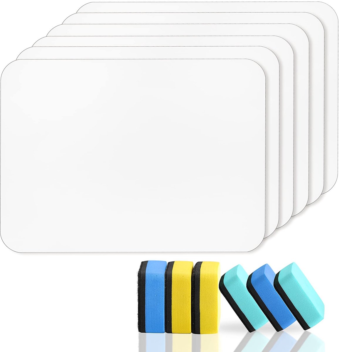 Omgoods - 6PCS A4 Droog Uitwisbare Whiteboards met 6 Erasers - Mini Dubbelzijdige Schrijfplanken