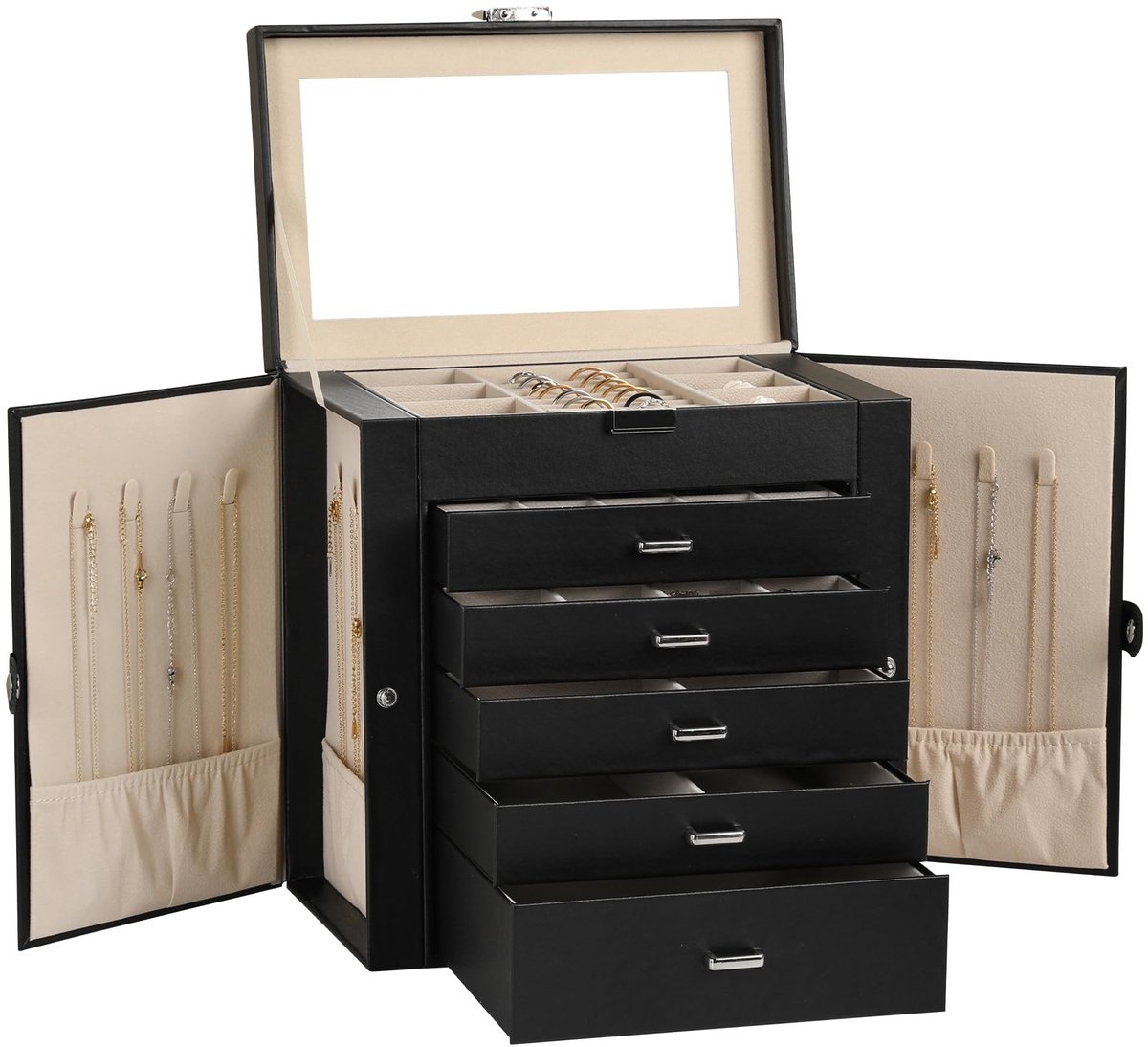 Omgoods- Juwelendoos grote multifunctionele opbergdoos - 6 niveaus - Sieradenorganizer met spiegel - Accessoirehouder met 5 laden - Kunstleer met slot - 20 roosters - Sieradenopberger