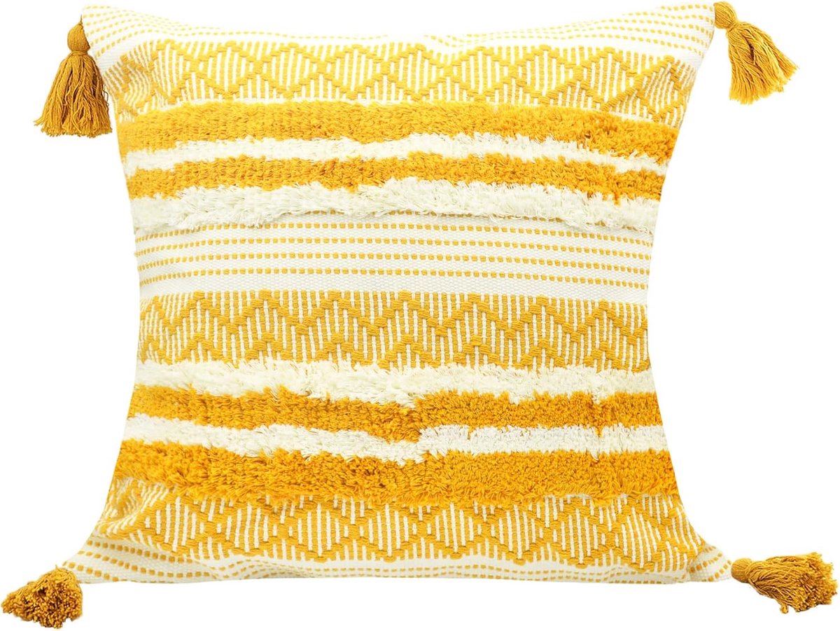 SnelShoppen - Decoratieve Boho Kussenslopen Geel en Wit 45x45 cm Handgeweven Tufted Kussenhoes met Kwasten voor Bank, Bed, Woonkamer
