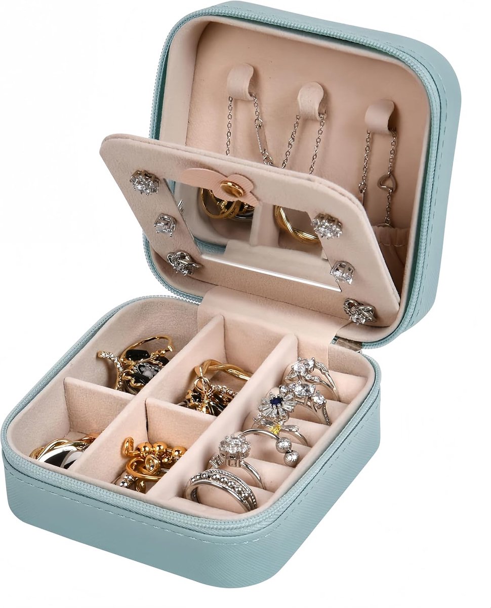 SnelShoppen - Kleine sieradenbox voor reizen voor vrouwen en meisjes, juwelendoos met spiegel, sieradenorganizer, waterdicht en duurzaam PU leer, luxe
