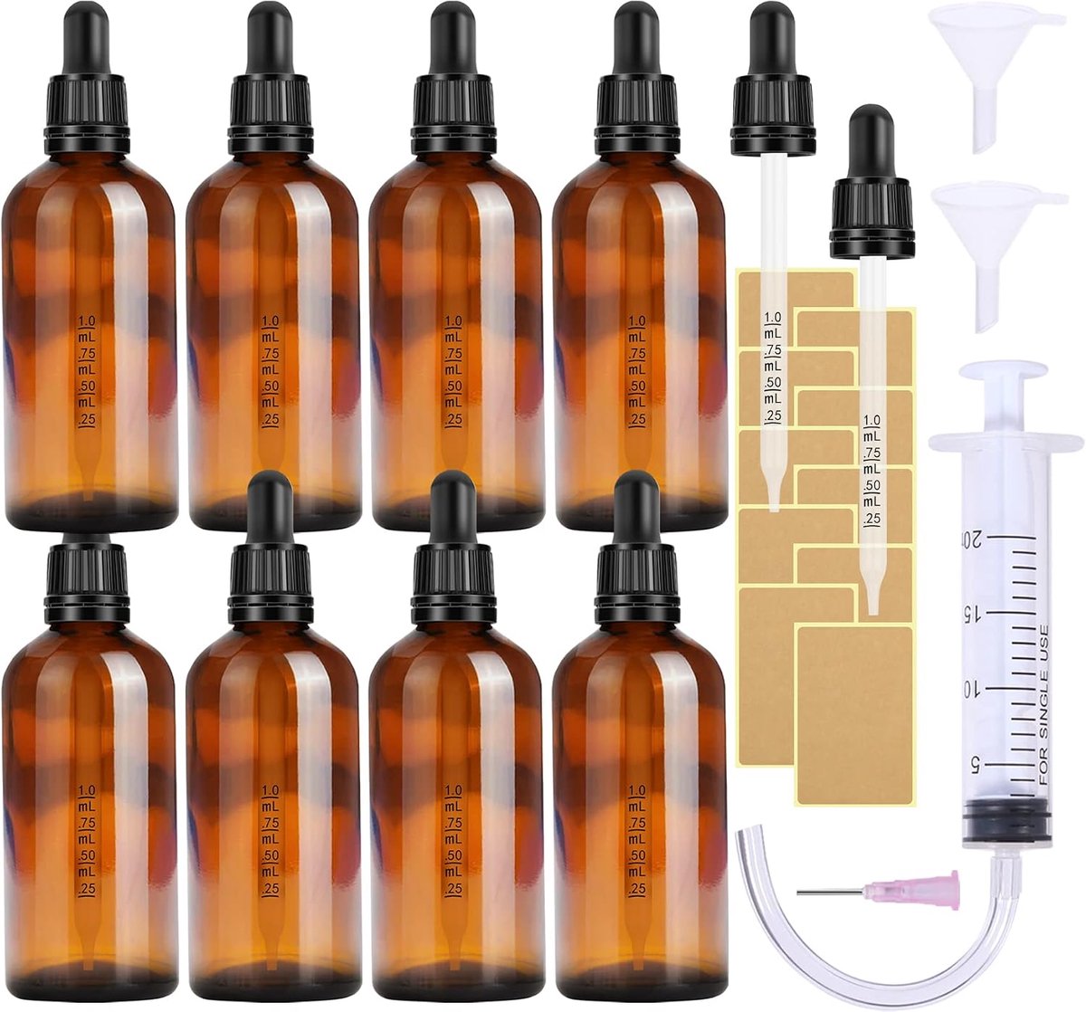 SnelShoppen - 8 Stuks Bruine Glazen Dopperflessen 100ml met Pipetten en 5 Accessoires - Geschikt voor Essentiële Olie, Massage, Parfum, Aromatherapie