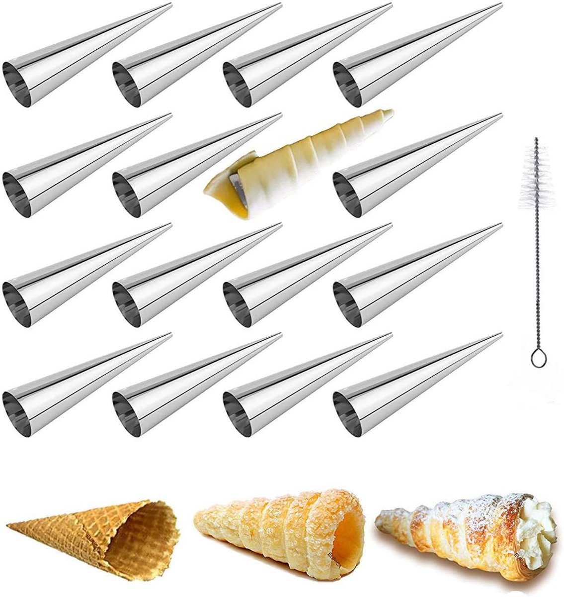 Joyeee 16 Pcs Cream Horn Molds with Cleaning Brush, Stainless Steel Cone Roller Cannoli Shapes Mold for Baking Cannoli - ShopVlot