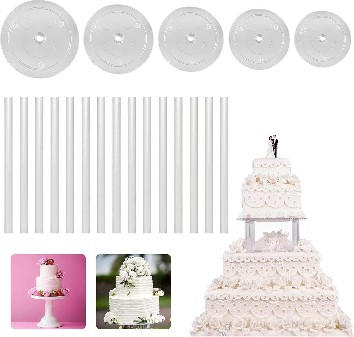 Cake stands set van 5 - Plastic cake support bars - Herbruikbare cakeplaten - Stabiliteit voor meerlaagse taarten - ShopVlot