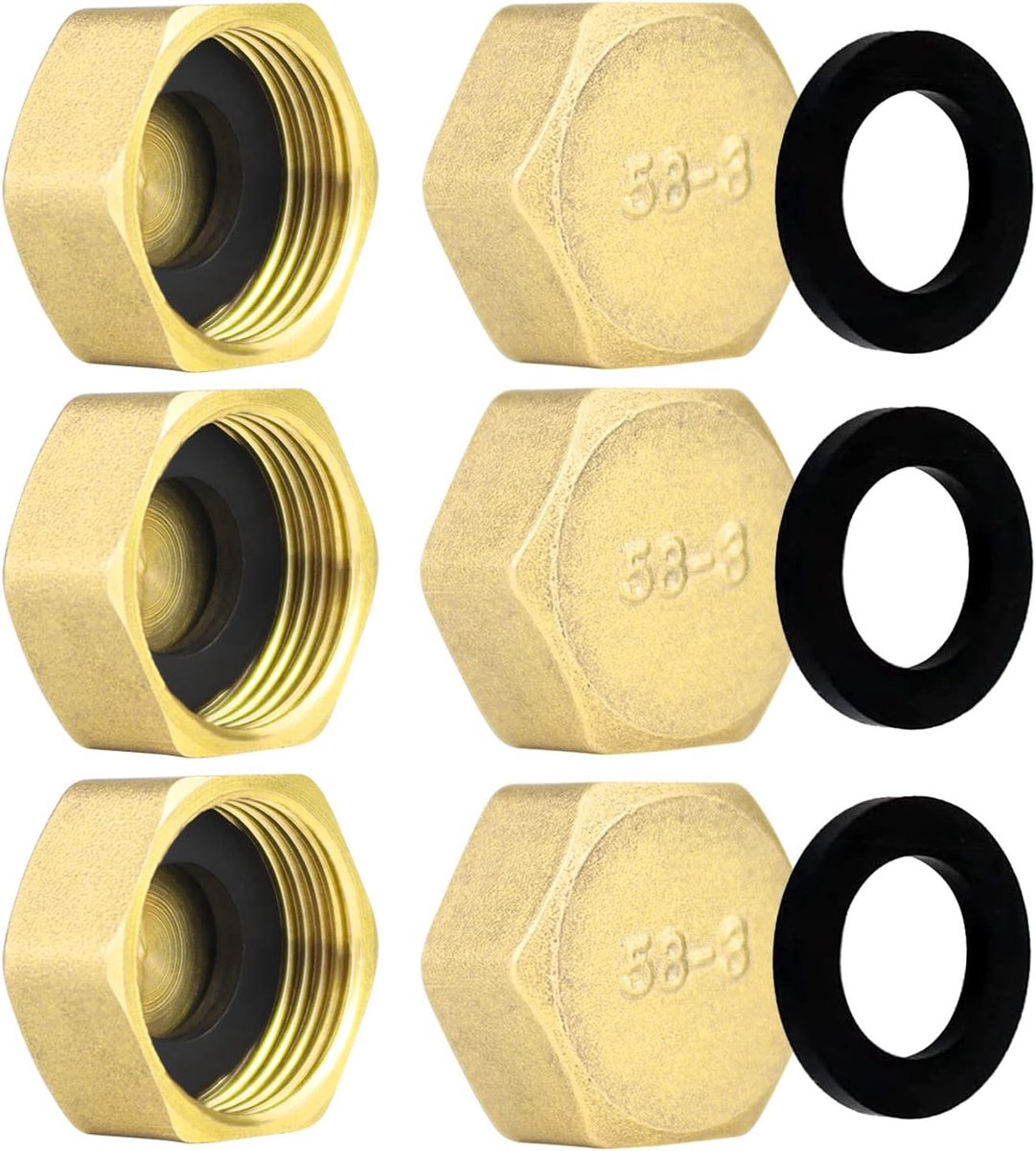 BANTI Brass Hose Cap with Hose Rings, Pack of 6, 3/4 inch, Hexagonal, NPT, Small - ShopVlot