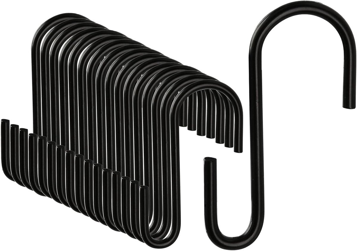 SnelShoppen - 20 Stuks S Haakjes, Zwart, RVS, Haken voor Ophangen, Zware Lasten, Dubbele Haken, Ideaal voor Keuken, Kledingstangen, Creatieve Ruimtebe