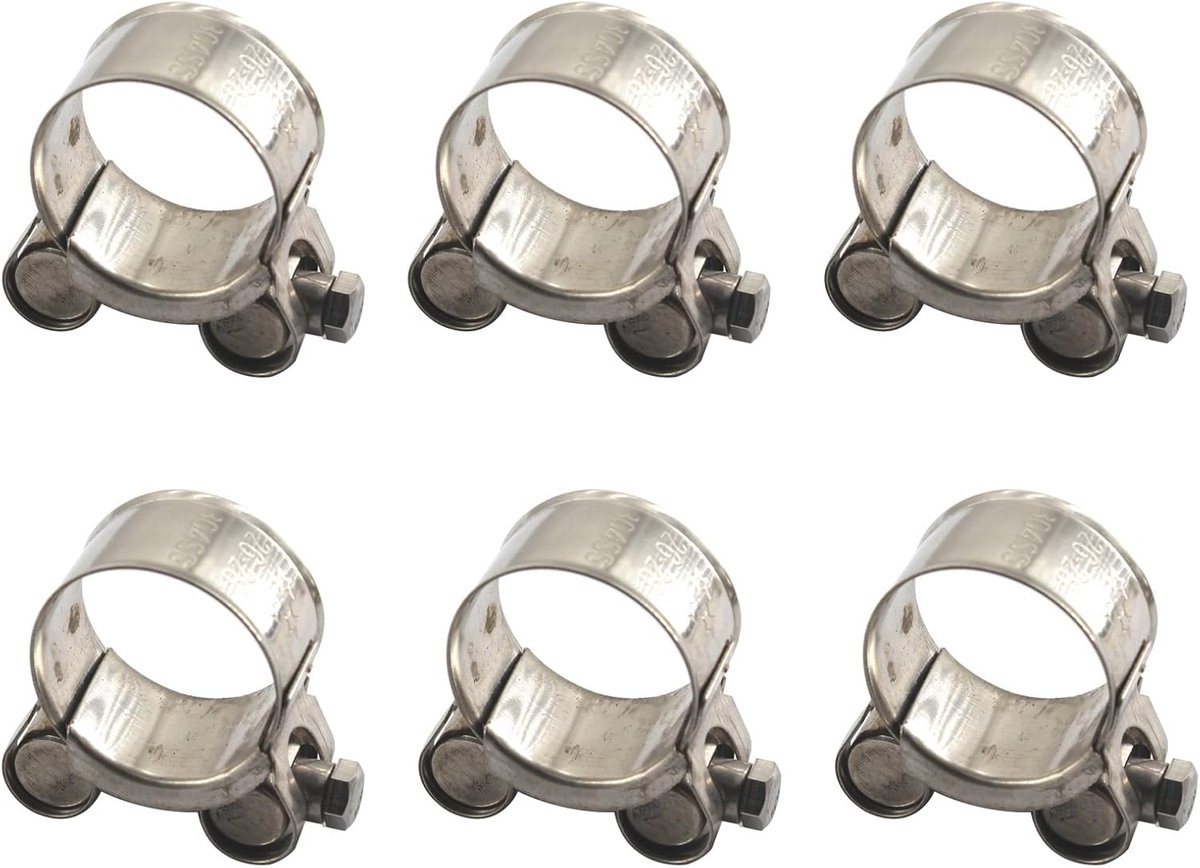 SnelShoppen - Pack van 6 T-Bout Slangklemmen 23-25mm van 304 RVS - Duurzame en Roestvrije Buisklemmen voor Tuin, Keuken en Hobbyprojecten