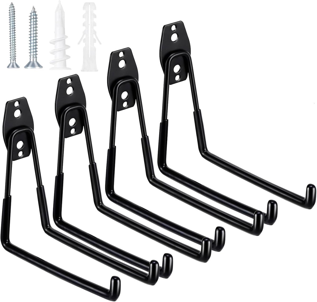 SnelShoppen - 4 Pack Heavy Duty Garage Haken, Sterke Muurbevestiging voor Gereedschap, Zwart, Roestvrij, Antislip, Ideaal voor Garage en Opslag