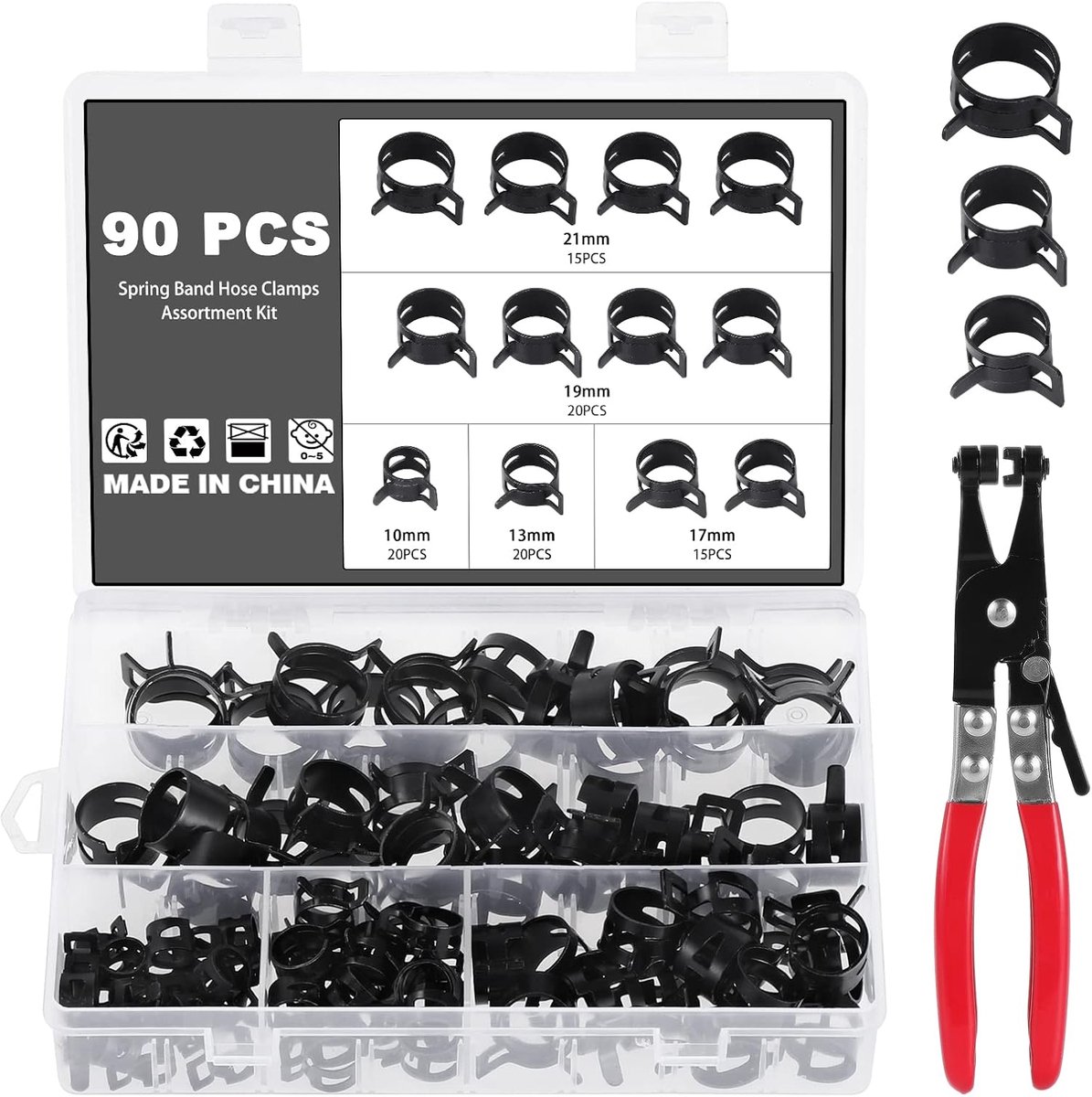 90 Pieces Fire Hose Clamps Water Pipe Air Tube Silicone Vacuum Hose Clamp Fastener 5 Sizes, with a Hose Clamp Pliers - ShopVlot