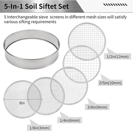 SnelShoppen - Ronde Tuinzeef 5-in-1 RVS met 5 Verwisselbare Zeefinserts 3, 6, 9, 10, 12 mm, Compostzeef, Tuinschep en 20 Plantlabels met Tuinhandschoe — afbeelding 2