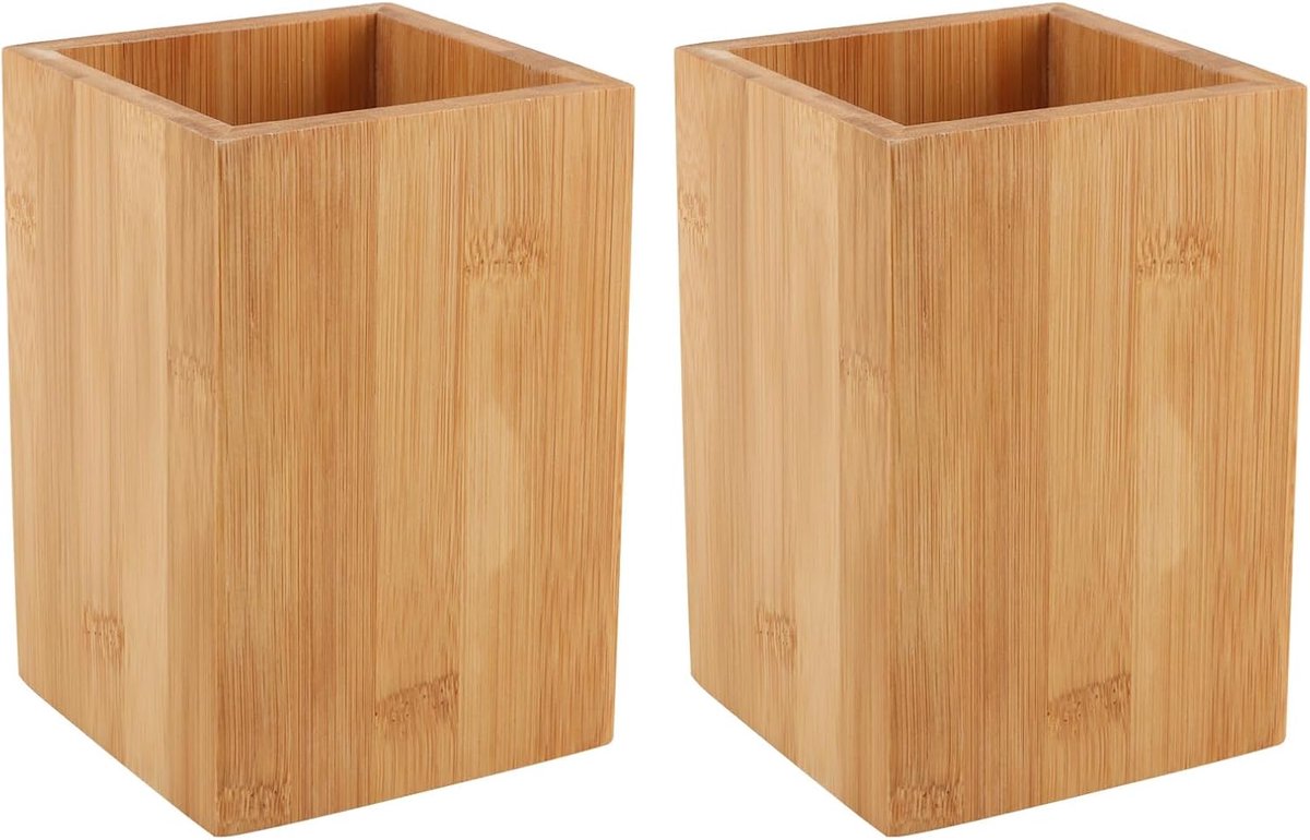 Bamboe eetstokjes houder 14x10cm - vierkant - natuurlijk bamboe - voor keuken en bureau - SnelShoppen