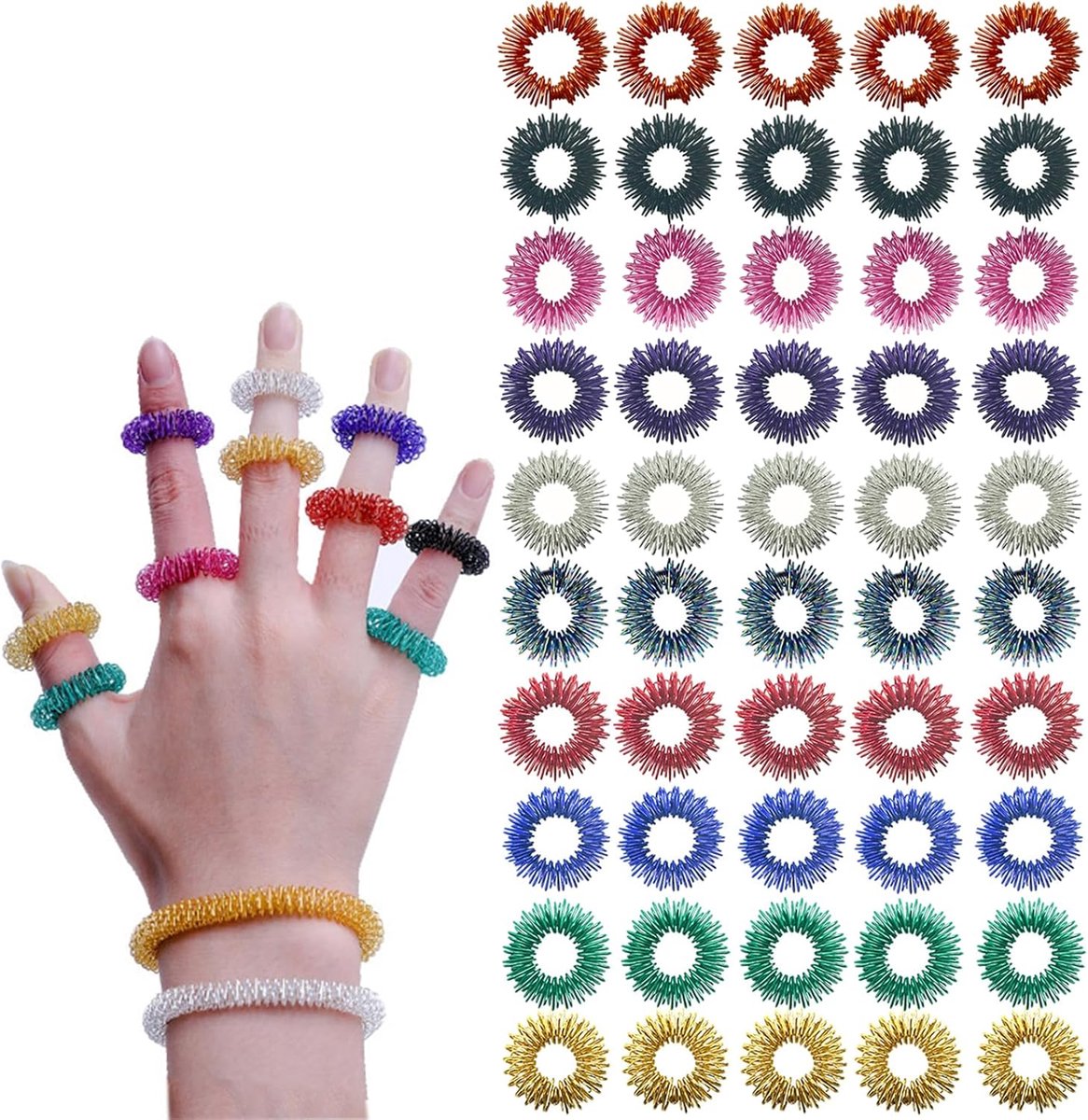 SnelShoppen - 50Pcs Vinger Massagers Set Massage Ringen Acupressuur Ringen Anti-Stress Vinger Ringen voor Kinderen en Volwassenen, Hoog Werkdruk, 10 K